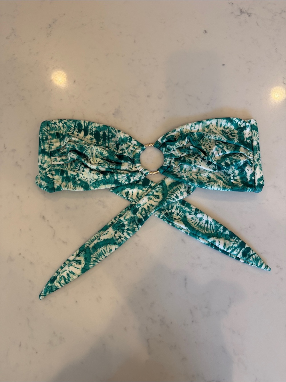 Kulani Kinis Teal and White Tie-Dip Bandeau Bikini Top with Ring